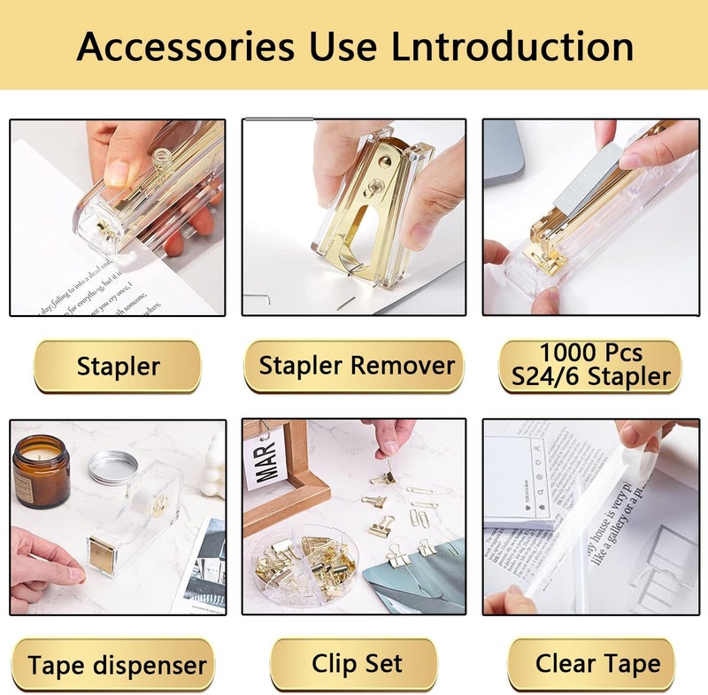 suniya Office Supplies,Desk Accessories,with Stapler,Tape Dispenser,Pen Holder Cup for Desk,Staple Remover,Scissor,Ballpoint Pen,Clear Tape, Staples,Phone Stand,Ruler,Binder,Best Gift Set(Gold) - Image 2